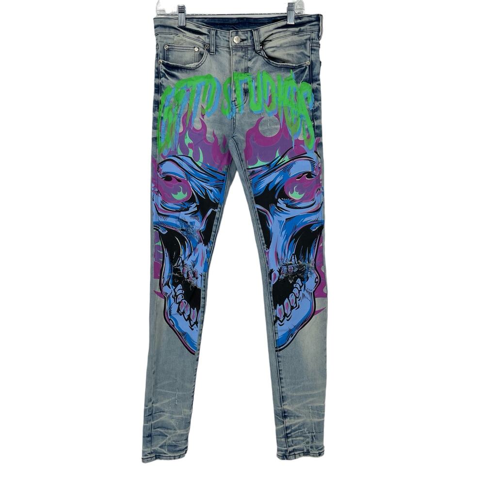 NWT GFTO Los Angeles Jeans Sz 30 Henry Blue Streetwear Rare Skull Gothic Art